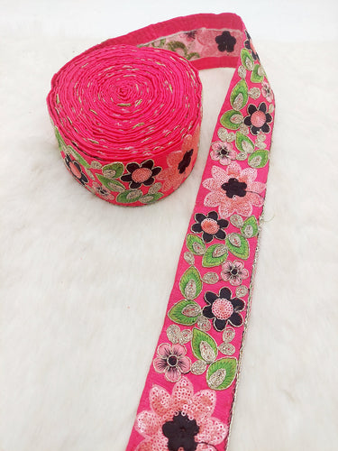 Cerise Pink Silk Fabric Embroidered Trim, Floral Embroidery Indian Sari Border Trim By Yard Decorative Trim Craft Lace, Sequins Trim